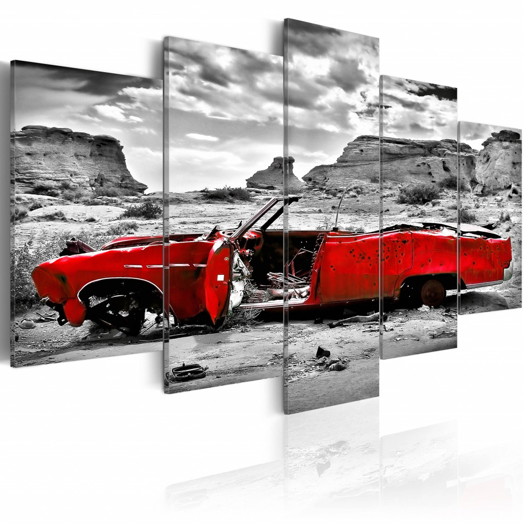 Quadro Pintado Carro Retro Vermelho No Colorado Desert - 5 Peças