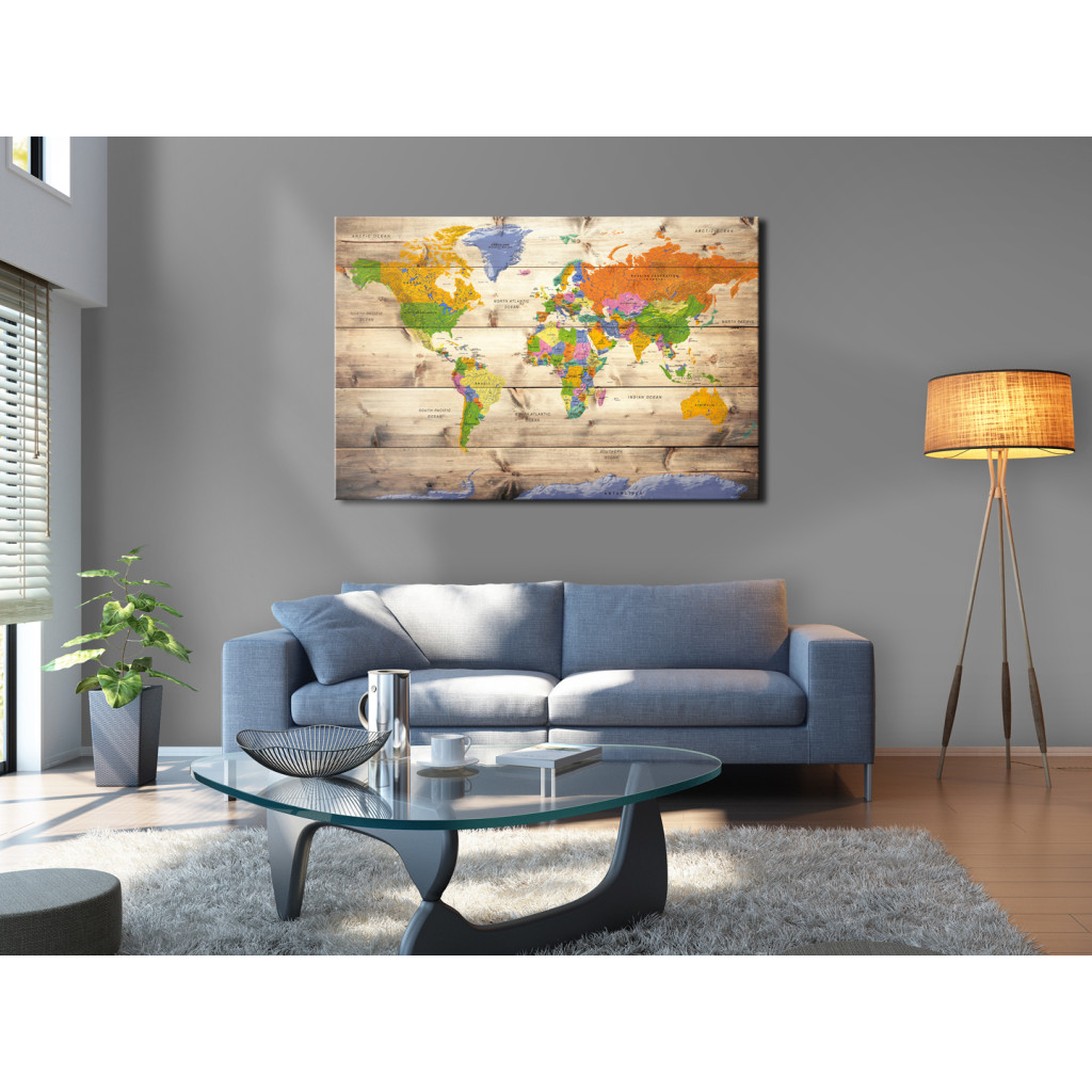Pintura Em Tela Mapa Colorida Dos Continentes (1 Peça) - Mundo Em Fundo De Madeira
