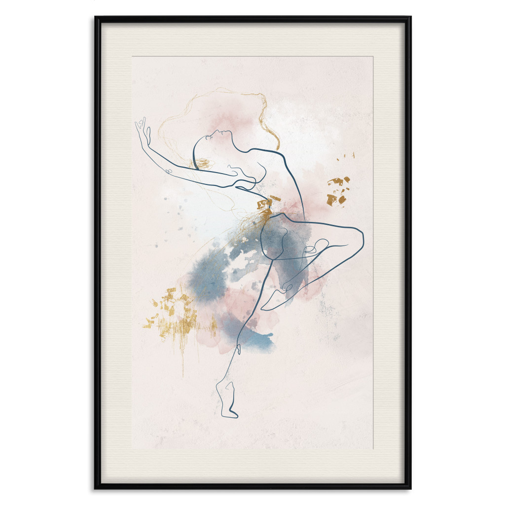 Muur Posters Linear Woman - Drawing Of A Dancing Ballerina And Delicate Watercolor Stains