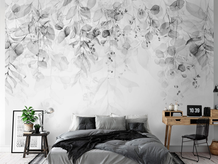 Mural de parede Cascade of Gray - Delicate Twigs Full of Leaves on a Light Background