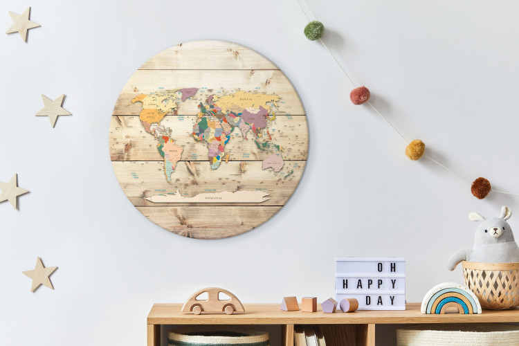 Round Canvas World Map - Colorful Continents on a Background of Wooden Planks 148727 additionalImage 3