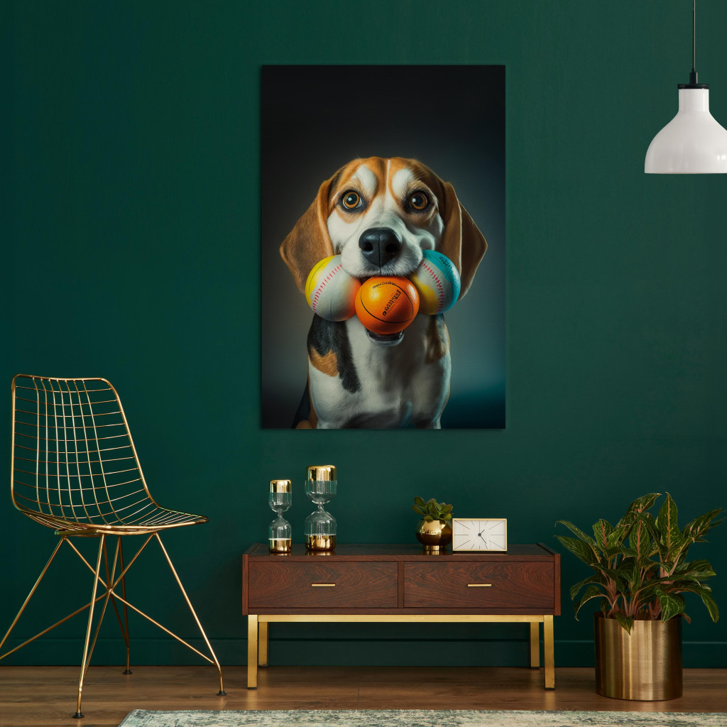 Obraz AI Pies Beagle - Portret Zwierzaka Z Trzema Piłkami W Pysku - Pionowy