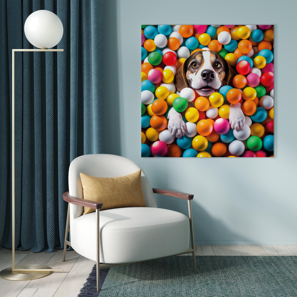 Obraz AI Pies Beagle - Zwierzak Zatopiony W Kolorowych Kulkach - Kwadratowy