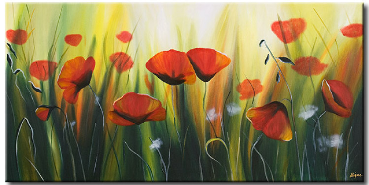 Wandbild Mohnblumenwiese geheimnisvoll (1-teilig) - Grünes Gras und rote Blumen 47227
