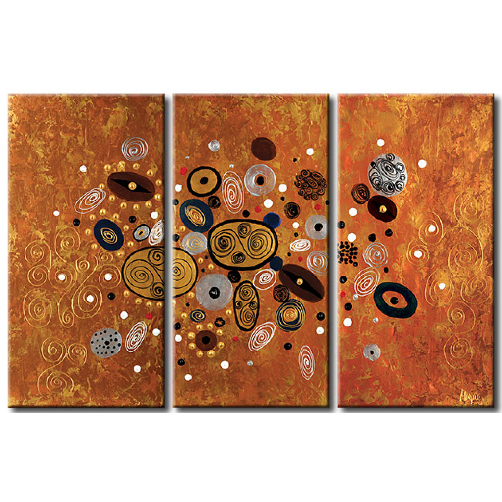 Schilderij  Abstract: Abstractie (3-delig) - Kleurrijke Fantasie Op Een Achtergrond In Goudtinten