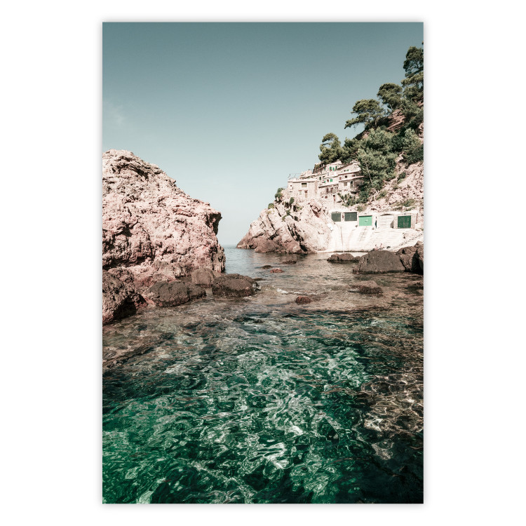 Poster Rocks in the Balearic Islands - Seascape With Houses in the Background 145337