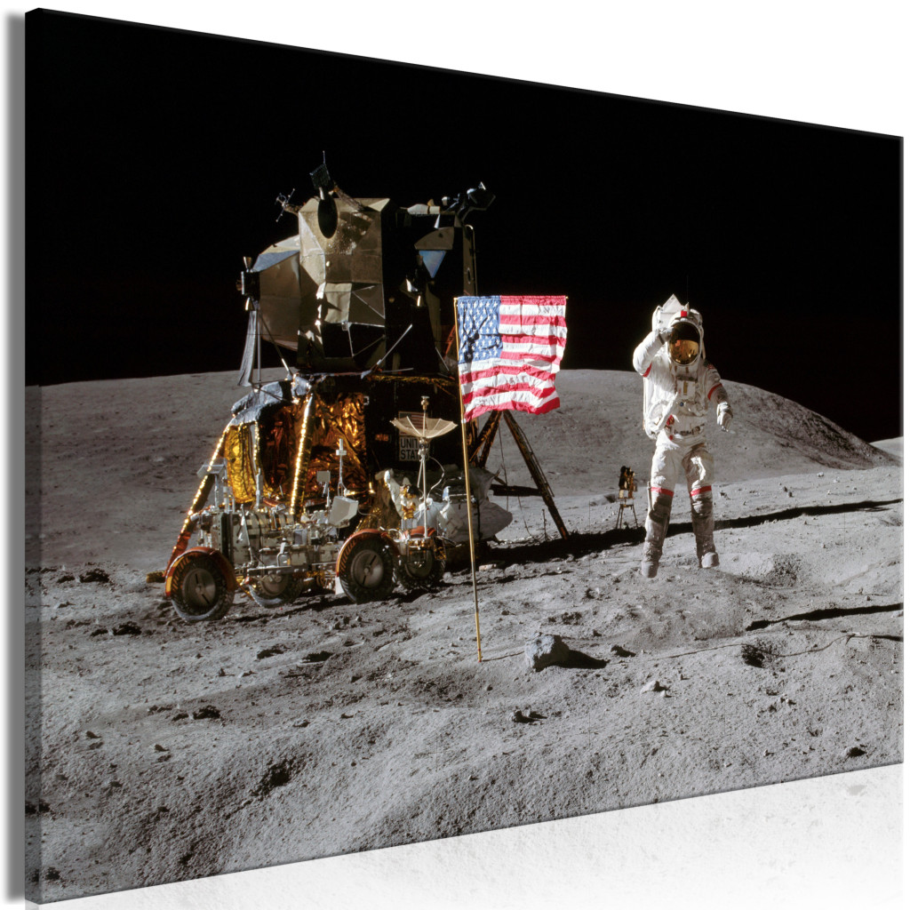 Schilderij Moon Landing - Photo Of The Ship, Flag And Astronaut In Space