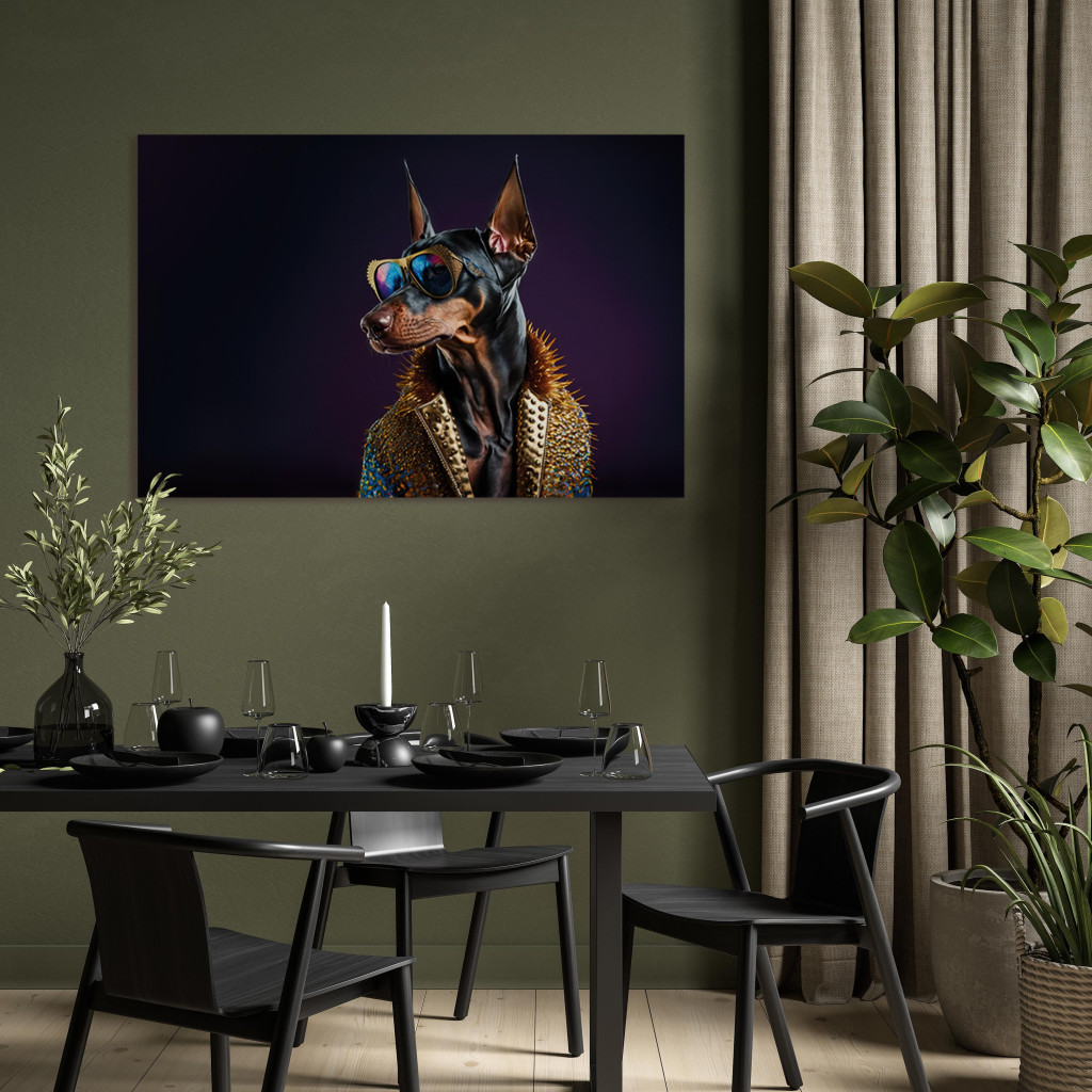 Schilderij  Honden: AI Doberman Dog - Animal Fantasy Portrait With Stylish Glasses - Horizontal