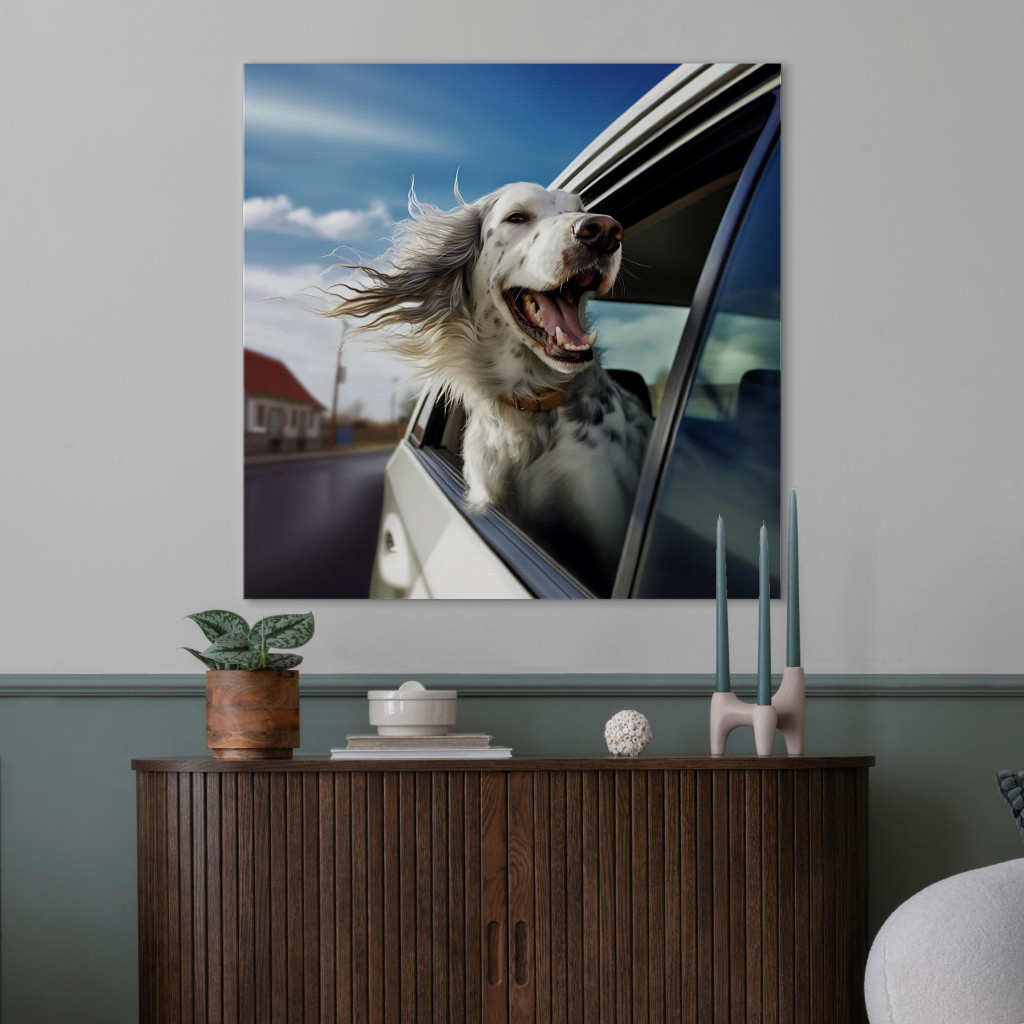 Obraz AI Pies English Setter - Zwierzak łapiący Pęd Powietrza Podczas Podróży Samochodem - Kwadratowy