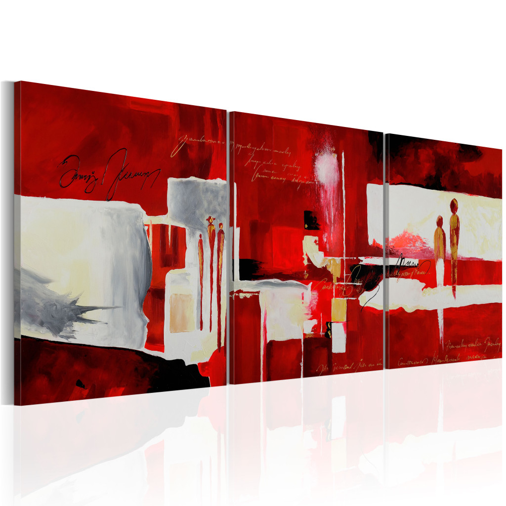 Schilderij  Karakters: Silhouetten (3-delig) - Abstracte Rode Fantasie Met Motieven
