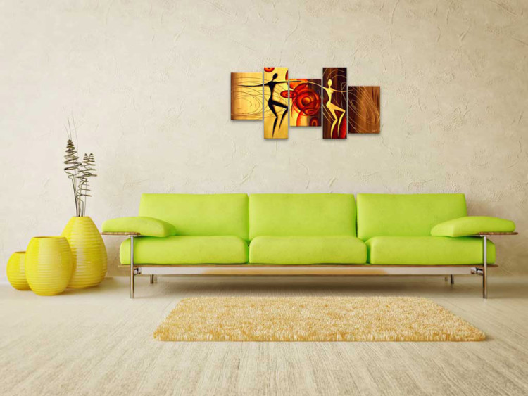 Tableau sur toile Couple dansant (5 pièces) - Abstraction en jaune-brun avec silhouettes 47137 additionalImage 2