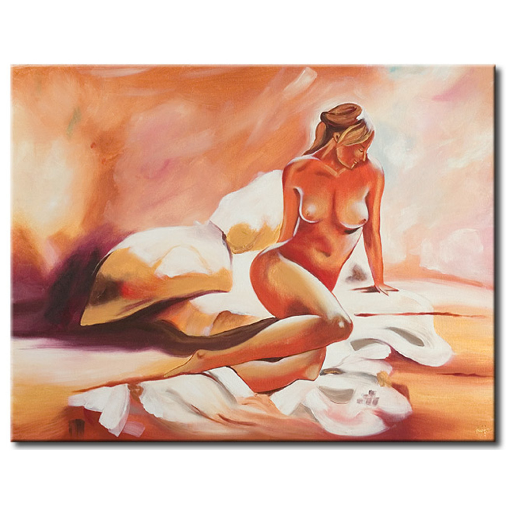 Schilderij  Acts: In Bed (1-delig) - Naaktact Met Een Vrouw Op Een Oranje Achtergrond