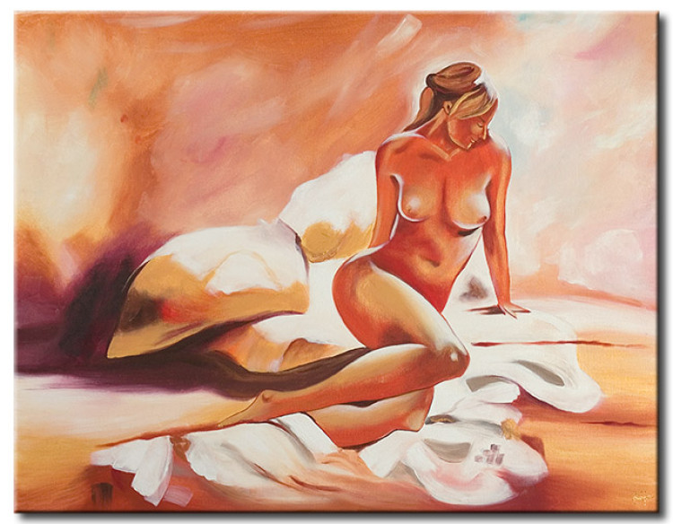 Wandbild Im Bett (1-teilig) - Akt mit Frau auf orangefarbenem Hintergrund 47537