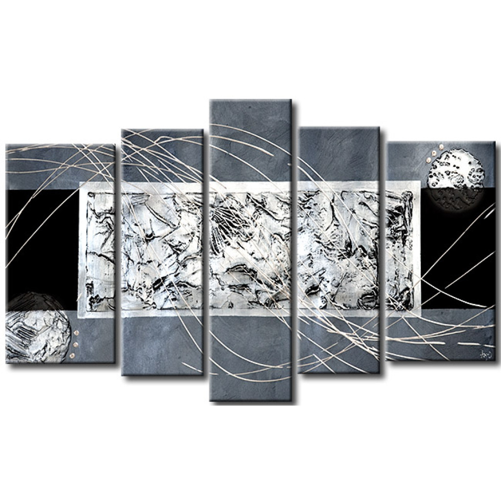 Schilderij  Abstract: Zilveren Abstractie (5-delig) - Compositie Op Een Achtergrond In Grijstinten