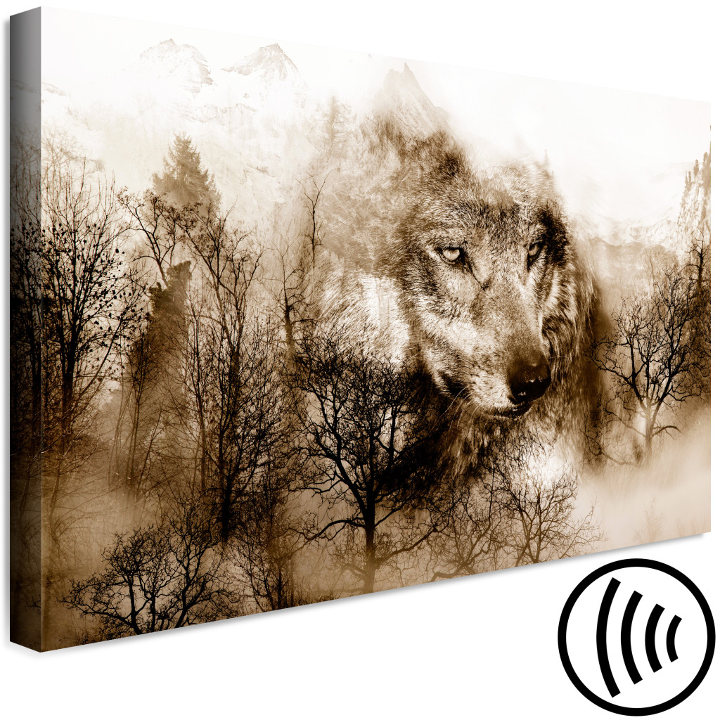 Pintura Lobo - Retrato De Animal Com Paisagem Montanhosa E Floresta Ao Fundo