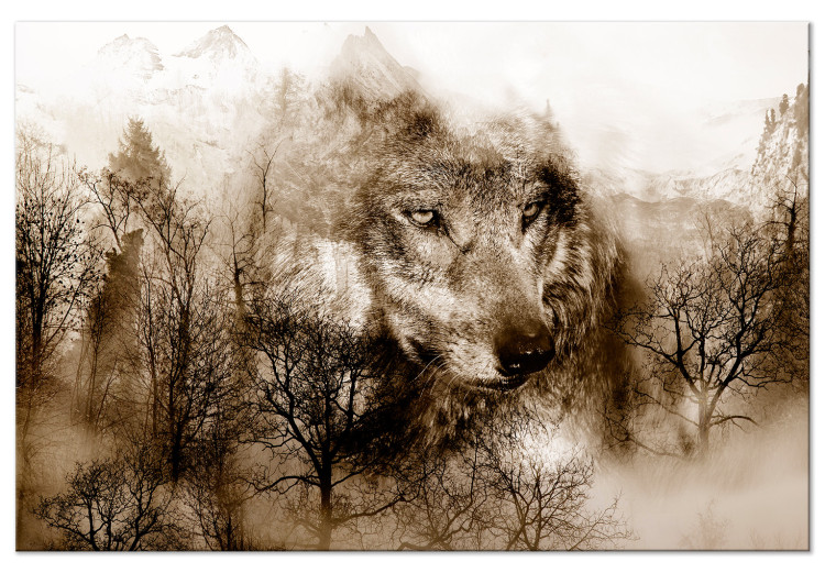 Obraz na płótnie Wilk - portret zwierzęcia na tle krajobrazu górskiego i lasu 