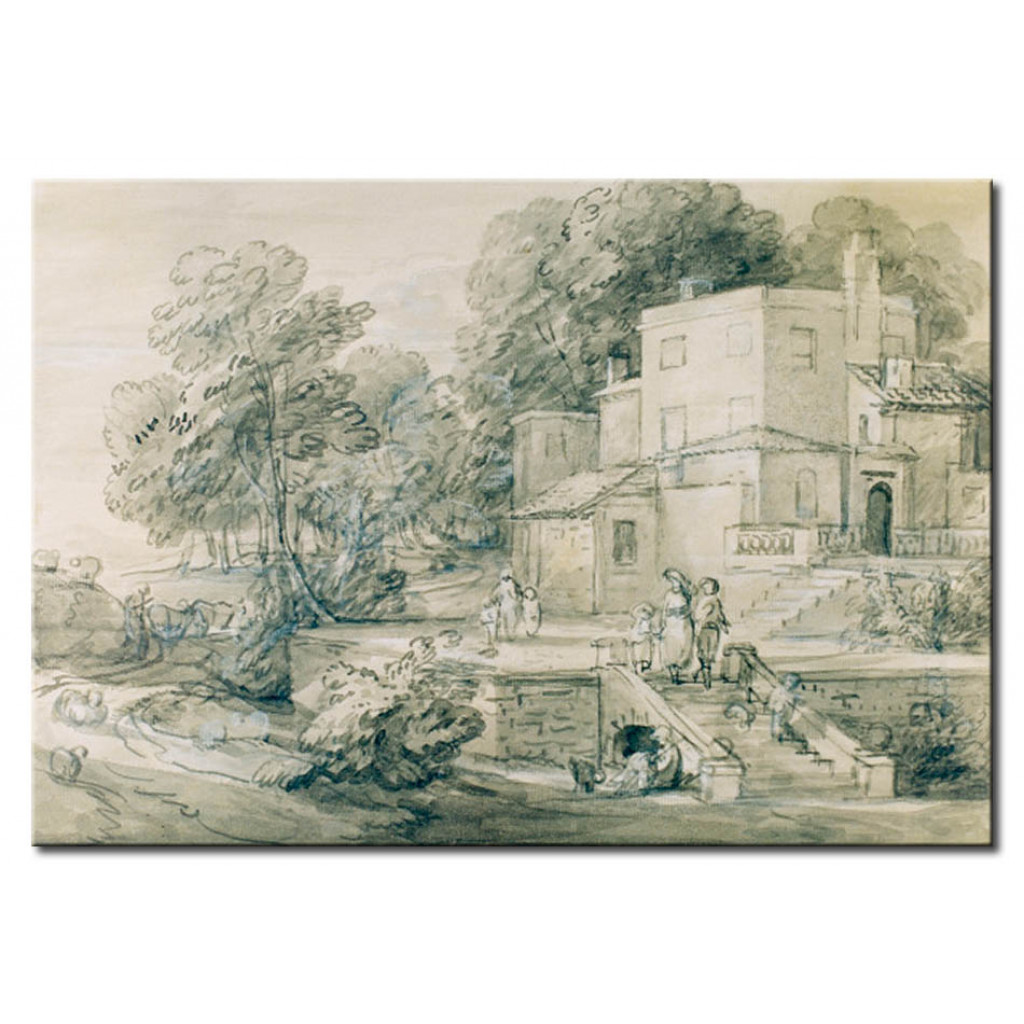 Schilderij  Thomas Gainsborough: Parklandschaft Mit Landhaus, Eleganten Figuren Und Bauern