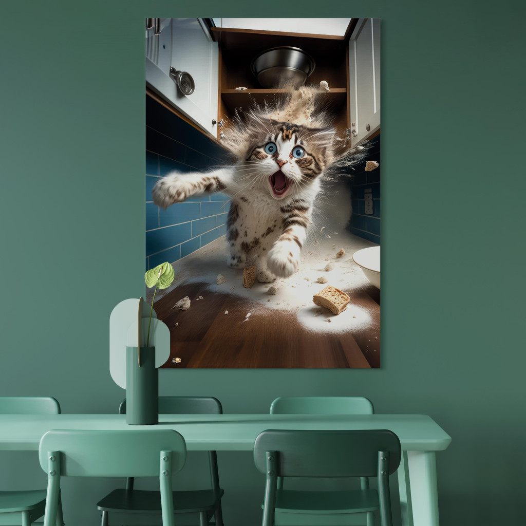 Obraz AI Kot - Zwierzak Uciekający Z Kuchni Po Rozbiciu Zapasów - Pionowy