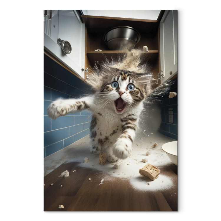 Canvastavla AI Cat - Animal Escaping From the Kitchen After Breaking Supplies - Vertical