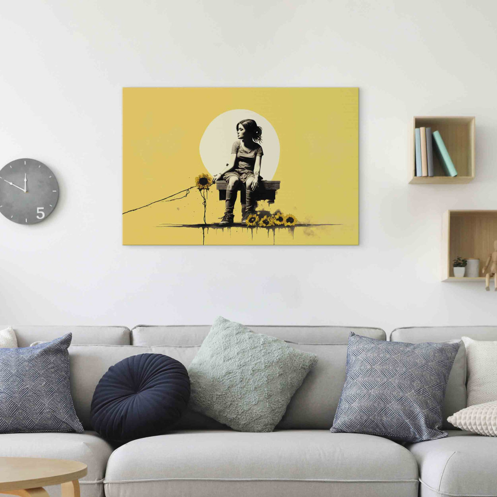 Schilderij  Street Art: Girl And Sunflowers - A Yellow Composition Inspired By The Style Of Banksy