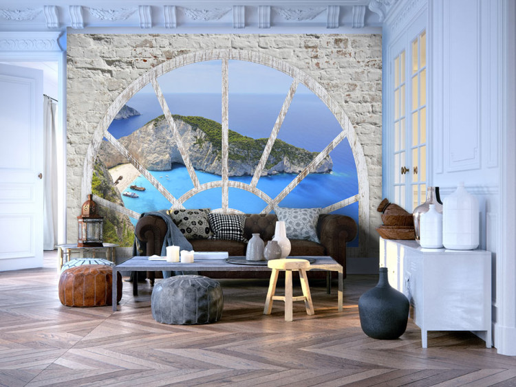 Mural de parede Vista da Janela para a Ilha - paisagem com águas turquesas e enseada rochosa