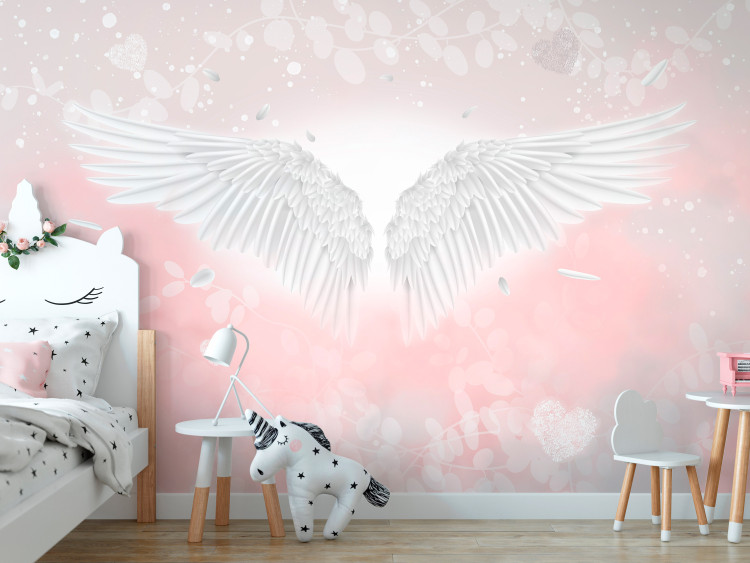 Carta da parati moderna Angel Wings and Feathers - Heavenly Theme in Pink Clouds 145257
