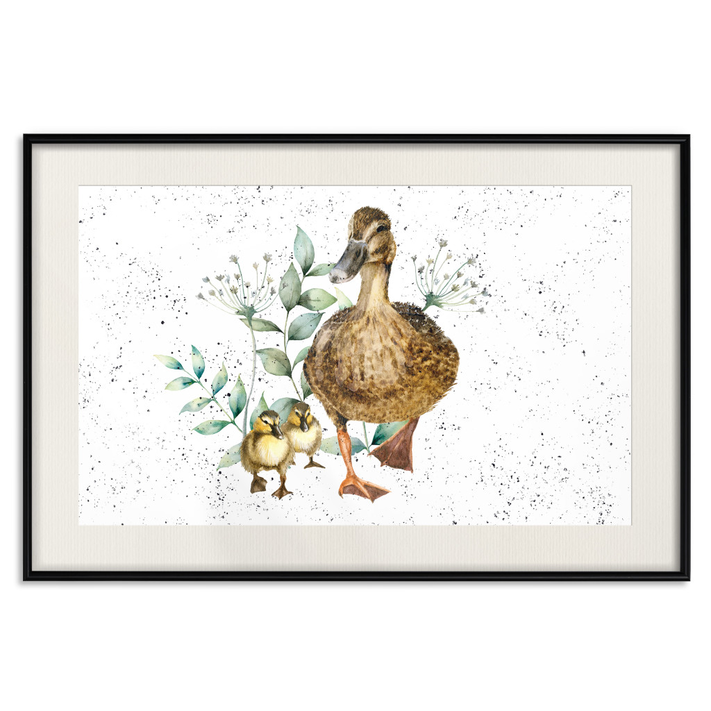 Muur Posters The Family Of Ducks - Cute Painted Animals And Plants On The Background With Splashes