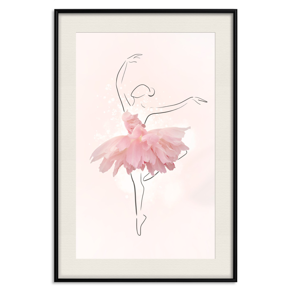Plakat: Tancerka - Lineart Baletnicy W Sukience Z Różowych Płatków Kwiatów