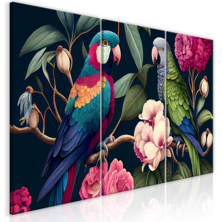 Obraz Tropikalne ptaki - egzotyczne papugi wśród kwitnących drzew 149857 additionalImage 2