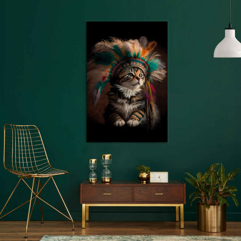 Målning AI Kitty - Portrait Of A Proud Animal In An Indian Headdress - Vertical