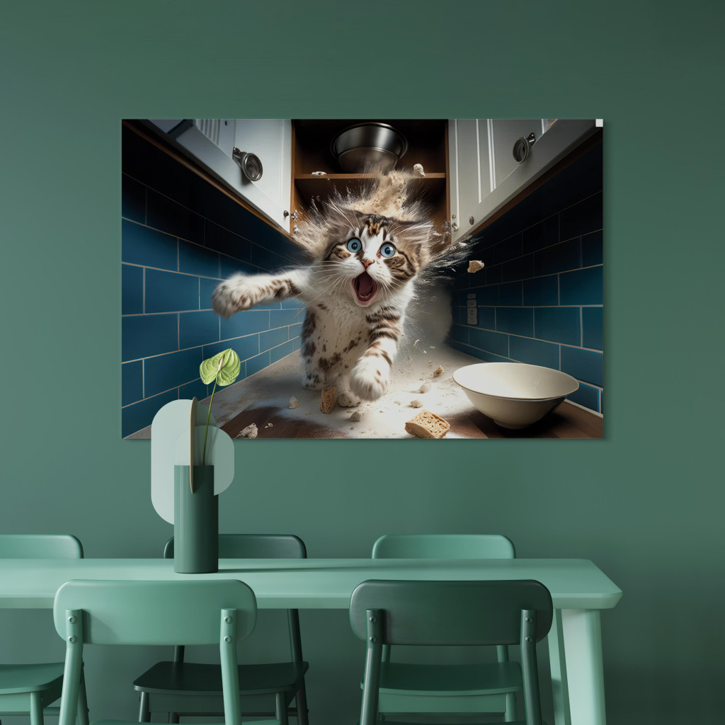 Obraz AI Kot - Zwierzak Uciekający Z Kuchni Po Rozbiciu Zapasów - Poziomy