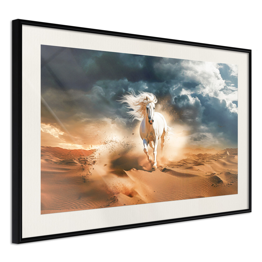 Muur Posters White Horse - A Wild Animal Galloping Through The Desert During A Storm