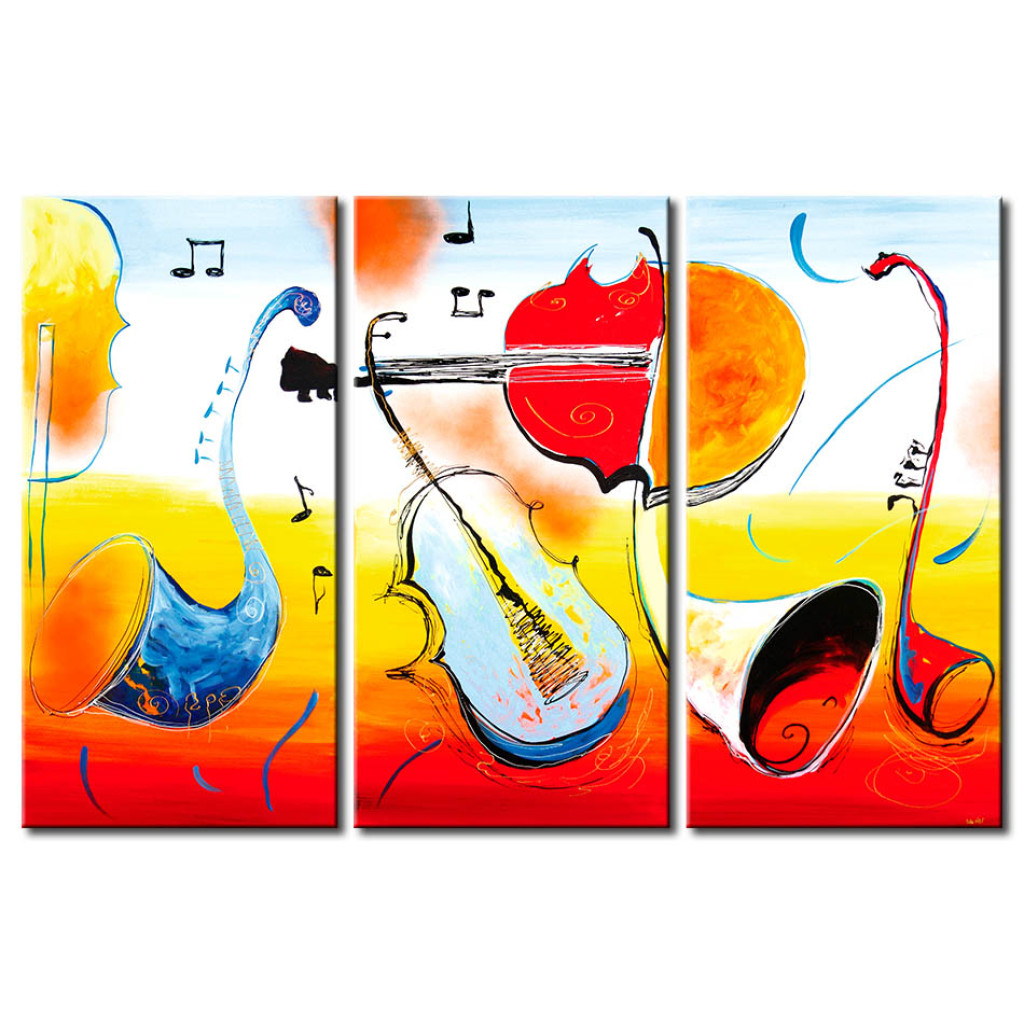 Schilderij  Stilleven: Muziekinstrumenten (3-delig) - Kleurrijke Gitaren En Trompetten Met Noten