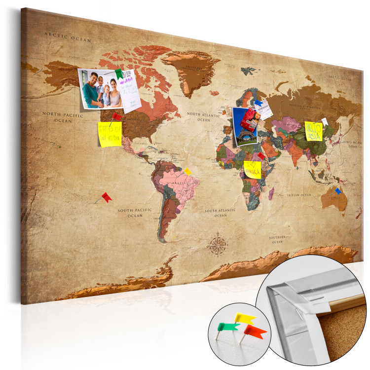 Ozdobna tablica korkowa Mapa świata: Brązowa elegancja [Mapa korkowa] 96057
