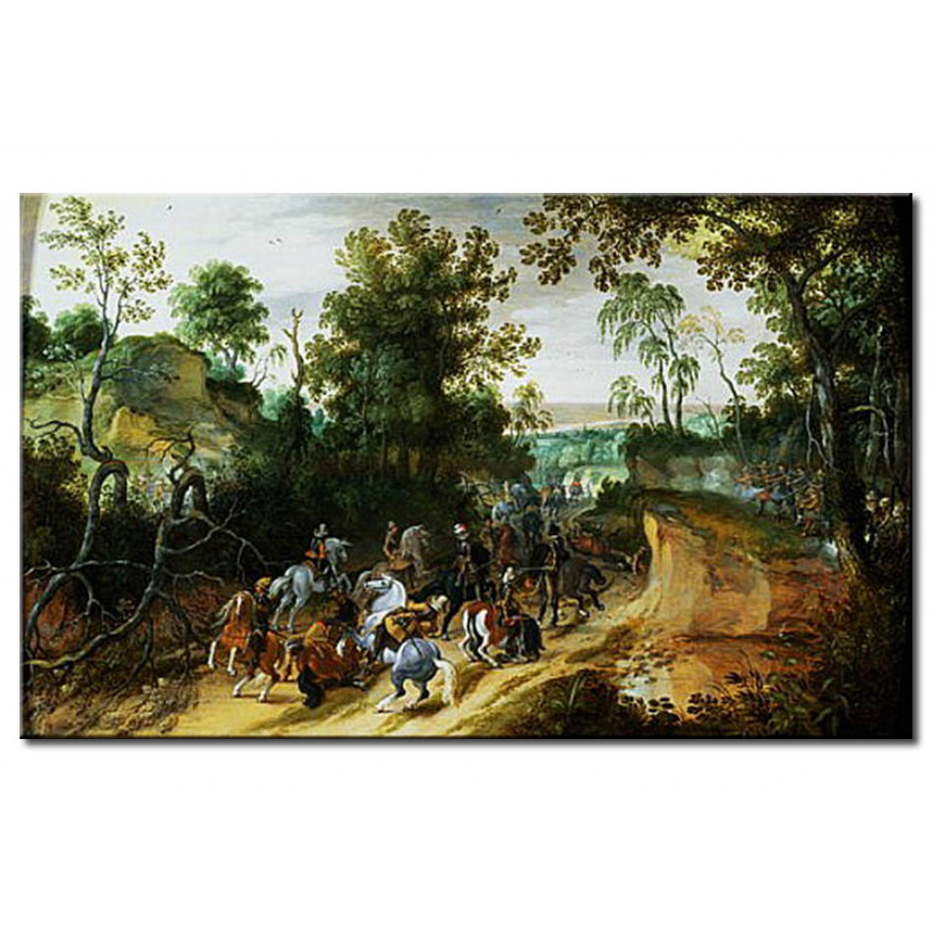 Schilderij  Sebastiaen Vrancx: A Cavalry Column Ambushed On A Woodland Path