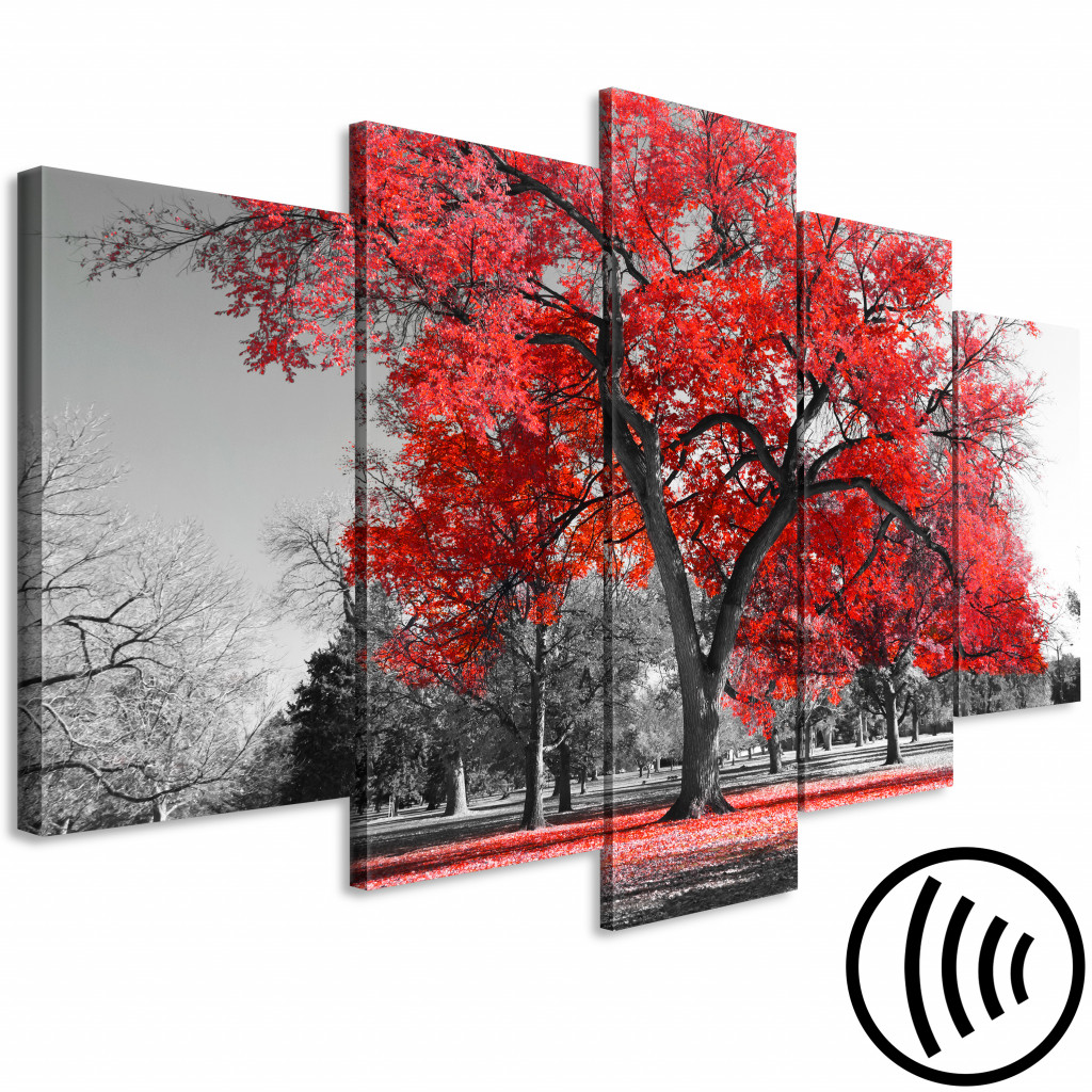 Schilderij  Bomen: Autumn In The Park (5 Parts) Wide Red
