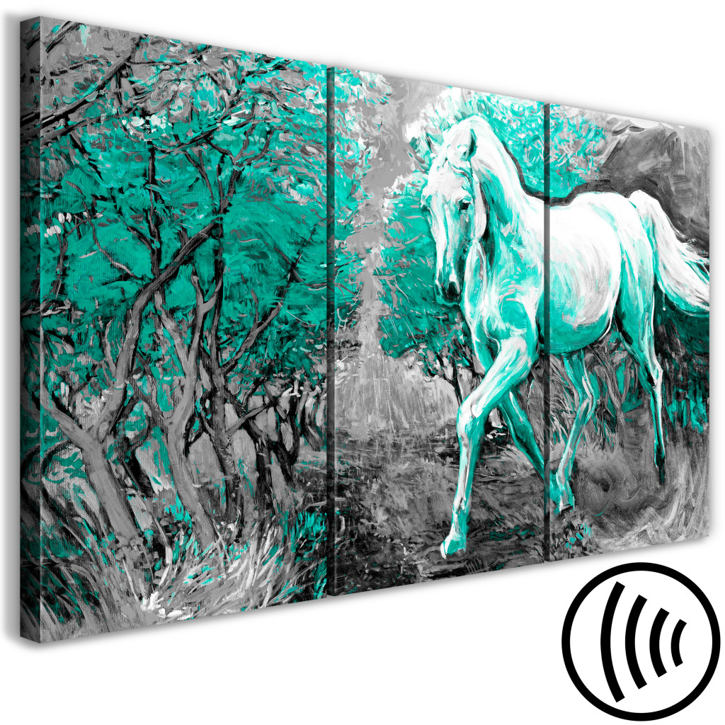 Schilderij  Paarden: Galopperend Paard In Turkoois Licht - Silhouet Van Een Dier Met Bomen