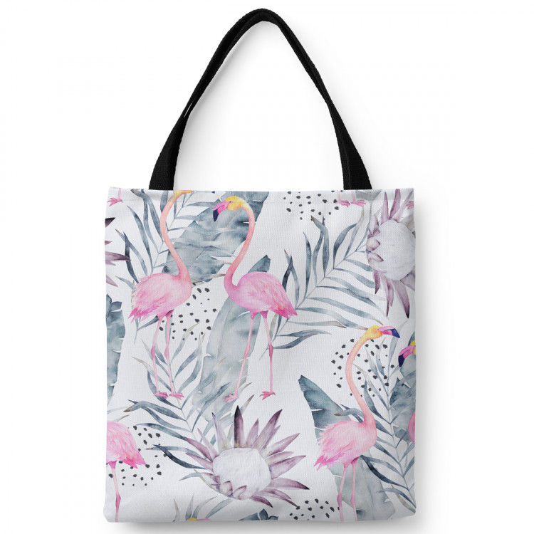 Shoppingväska Flamingos on holiday - floral design with exotic leaves and birds 147567