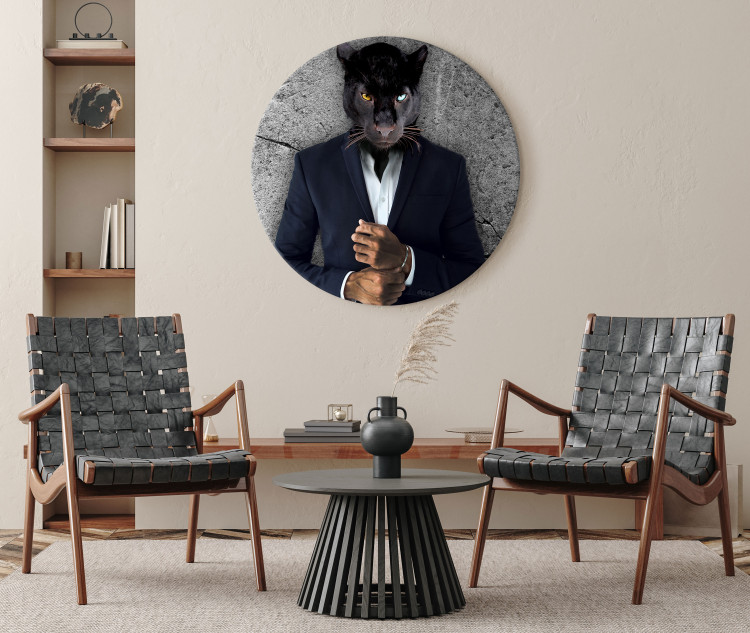Cuadro redondos moderno Black Panther - Beautiful Cat in a Black Suit on a Gray Background 148767 additionalImage 4