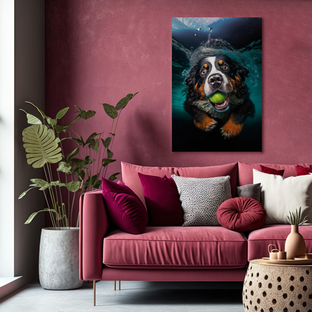 Obraz AI Berneński Pies Pasterski - Pływający Zwierzak Z Piłką W Pysku - Pionowy
