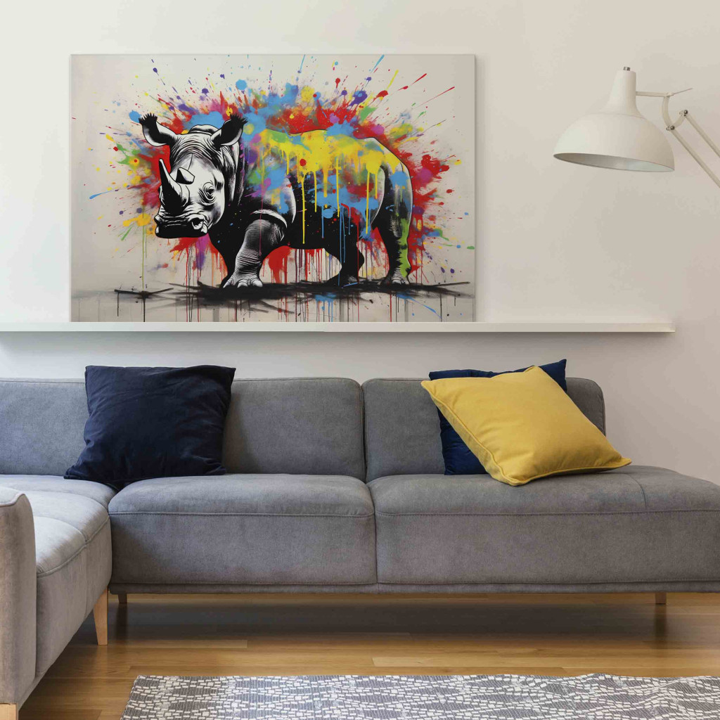 Obraz Kolorowy Nosorożec - Mural Ze Zwierzęciem Inspirowany Stylem Banksy