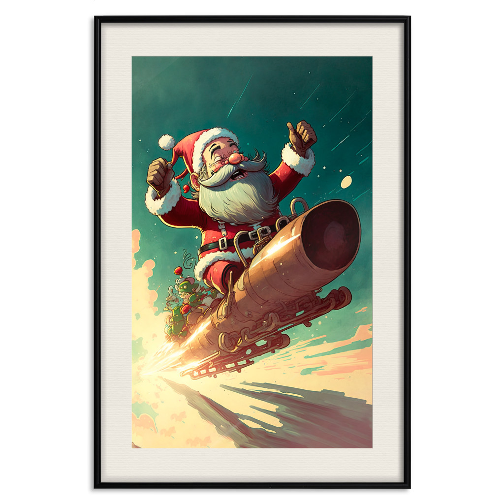 Plakat: Świąteczna Gorączka - Szalony Mikołaj Lecący W Pośpiechu Na Saniach