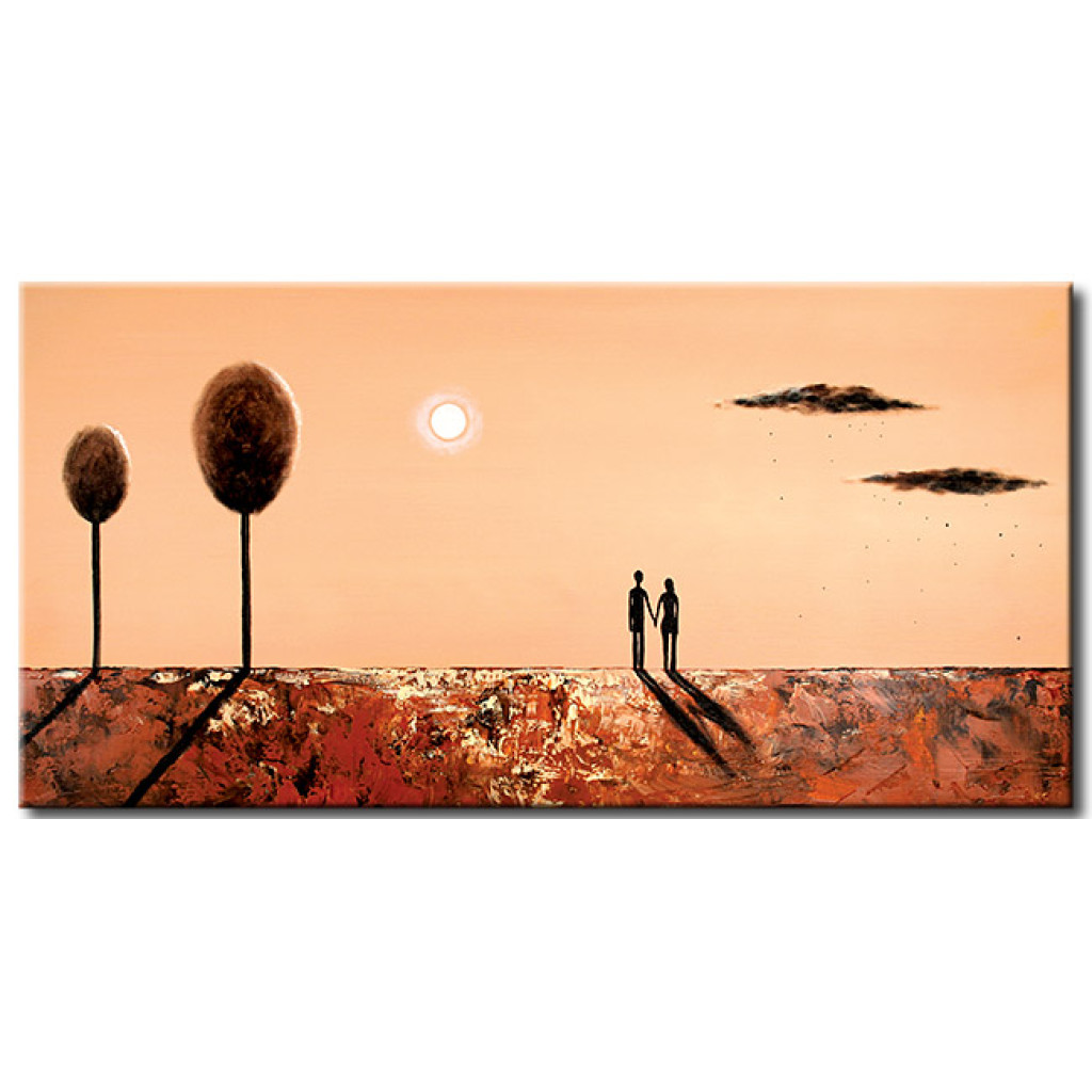 Schilderij  Silhouetten: Verliefd (1-delig) - Paar Figuren Met Bomen, Zon En Wolken