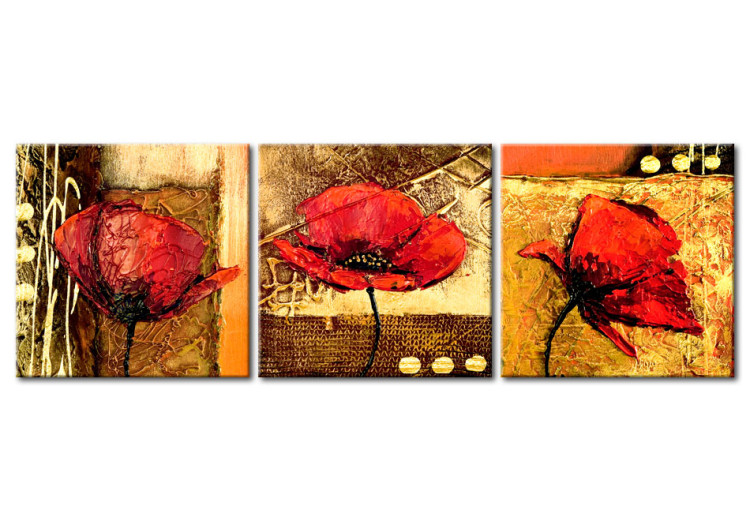 Tableau sur toile Motif doré et pavots (3 pièces) - Fleurs rouges sur fond fantaisiste 48567
