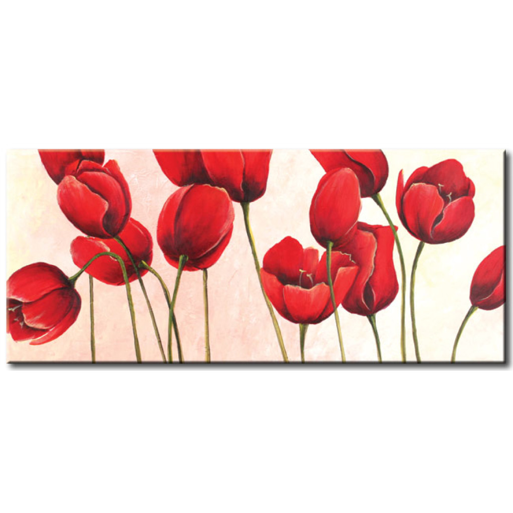 Målning Glada Tulpaner (1-del) - Röda Blommor På Pastellfärgad Bakgrund