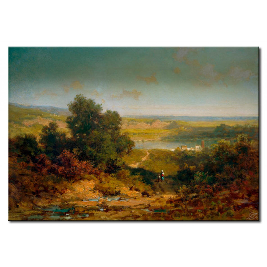 Målning Landschaft Mit Dorf Und Fluss