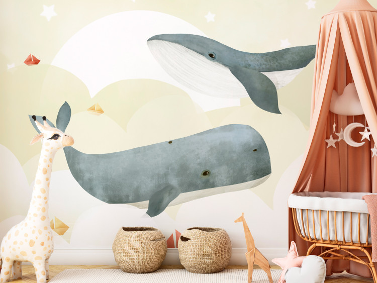 Photo Wallpaper Free orcas and whales - variant III with stars, clouds, a ship and the ocean on a background in yellow tones,  for children 138377