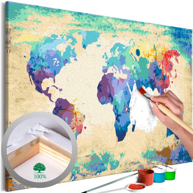Wandbild zum Malen nach Zahlen Colorful Continents - Watercolor World Map in Rainbow Colors 148877