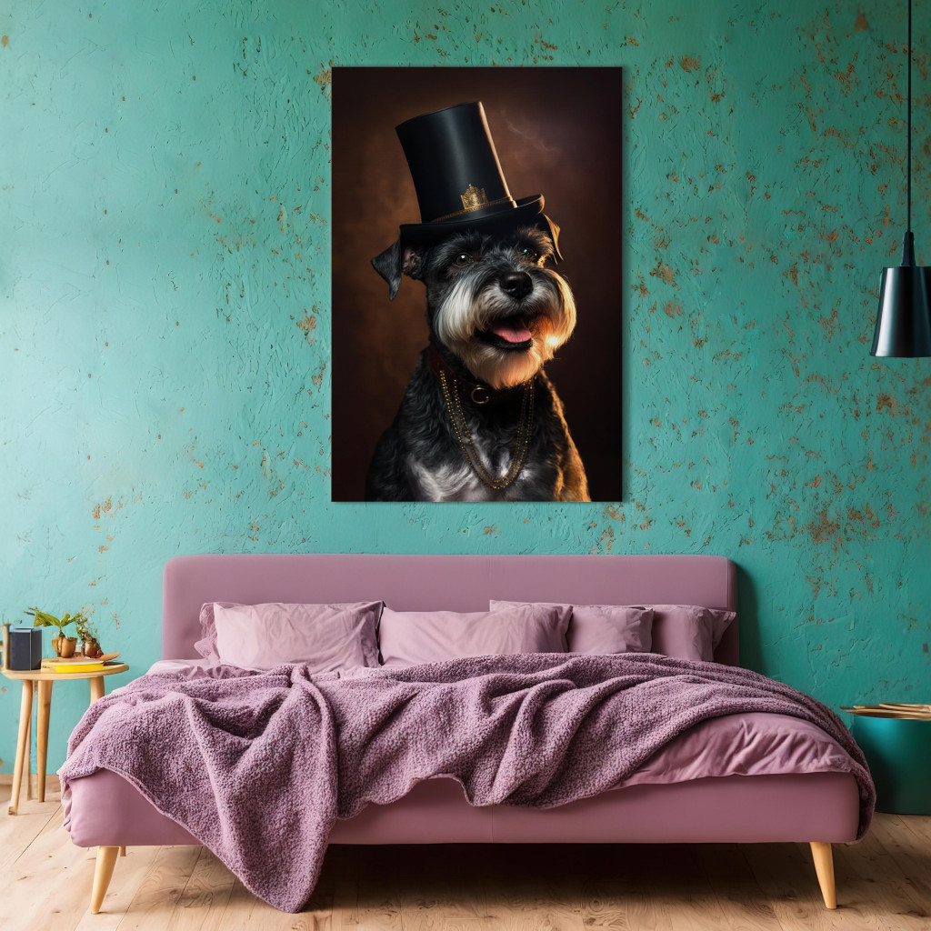 Schilderij  Honden: AI Dog Miniature Schnauzer - Portrait Of A Cheerful Animal In A Top Hat - Vertical