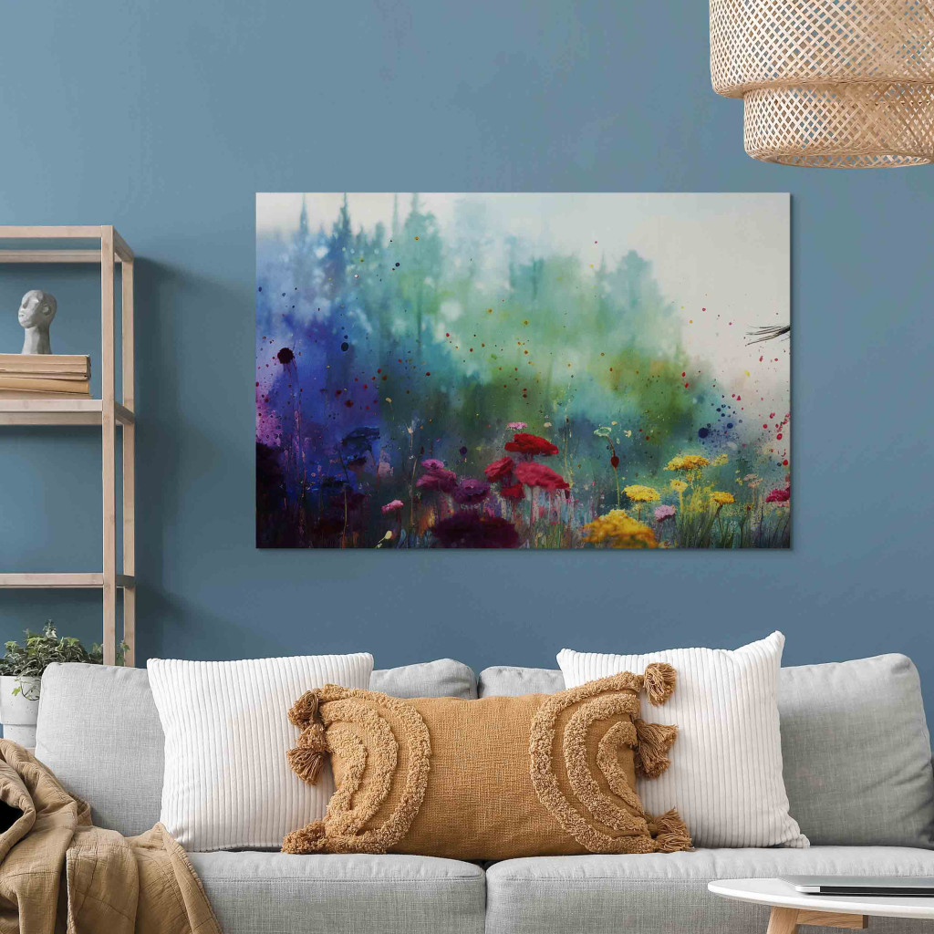 Schilderij  Bloemen: Colorful Flowers - A Painting Composition With A Forest Generated By AI